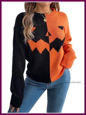 Women's Halloween Pumpkin Ghost Knit Sweater Long Sleeve V-Neck Pullover